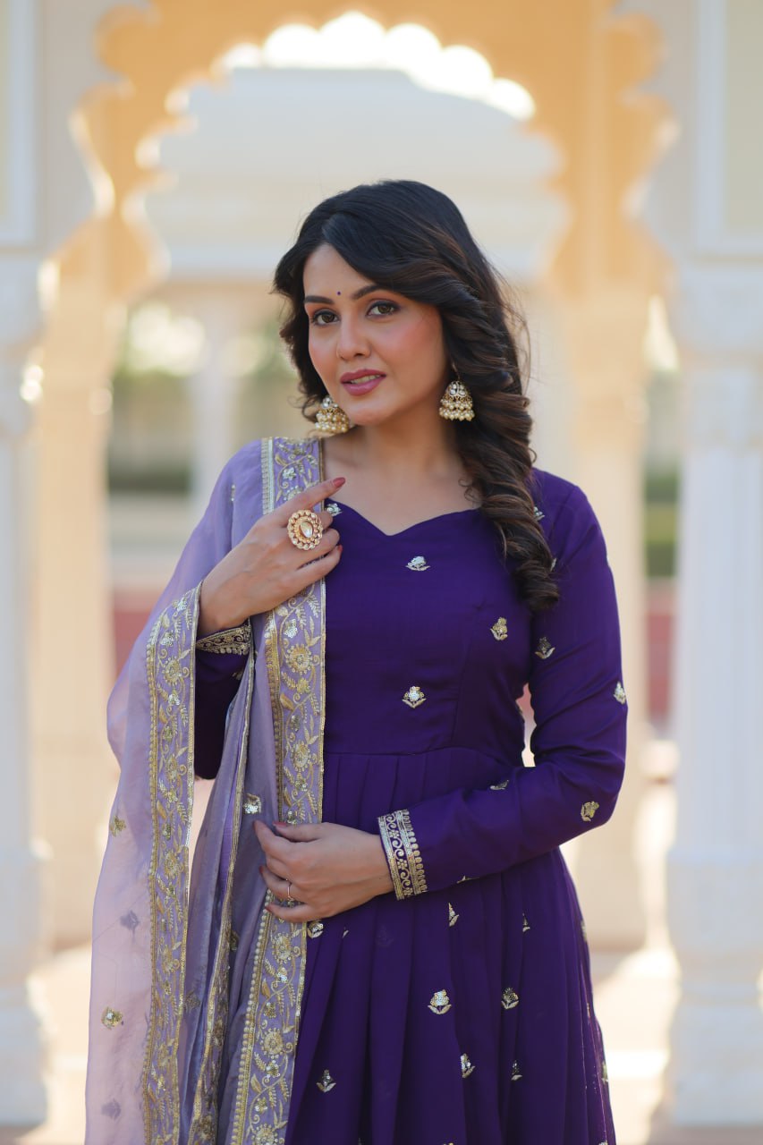 Royal Purple Anarkali Set with Embroidered Dupatta