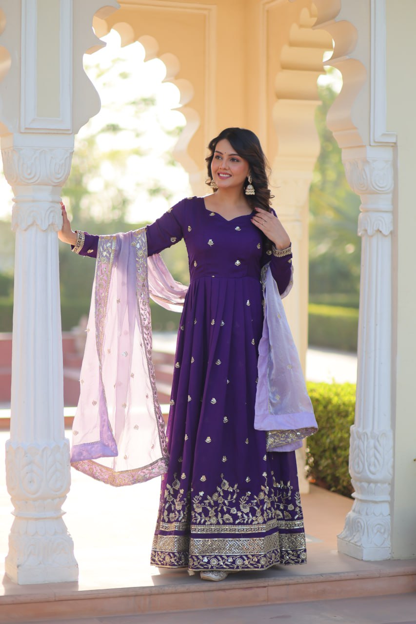 Royal Purple Anarkali Set with Embroidered Dupatta