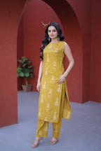 Women Mustard Printed Cotton Kurta Pant Set