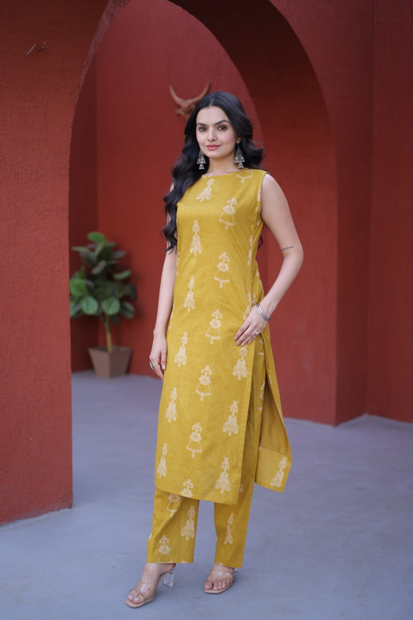 Women Mustard Printed Cotton Kurta Pant Set