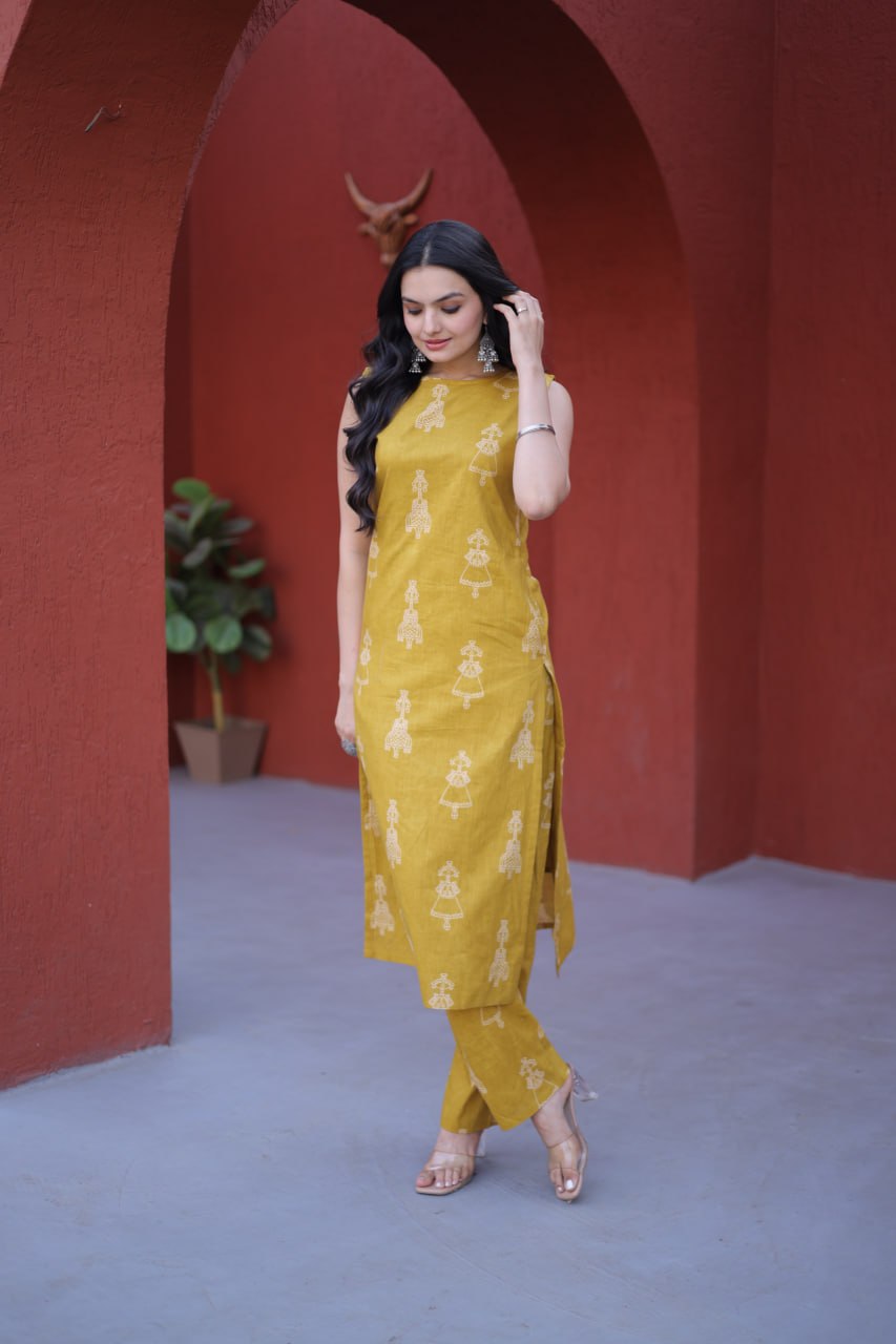 Women Mustard Printed Cotton Kurta Pant Set