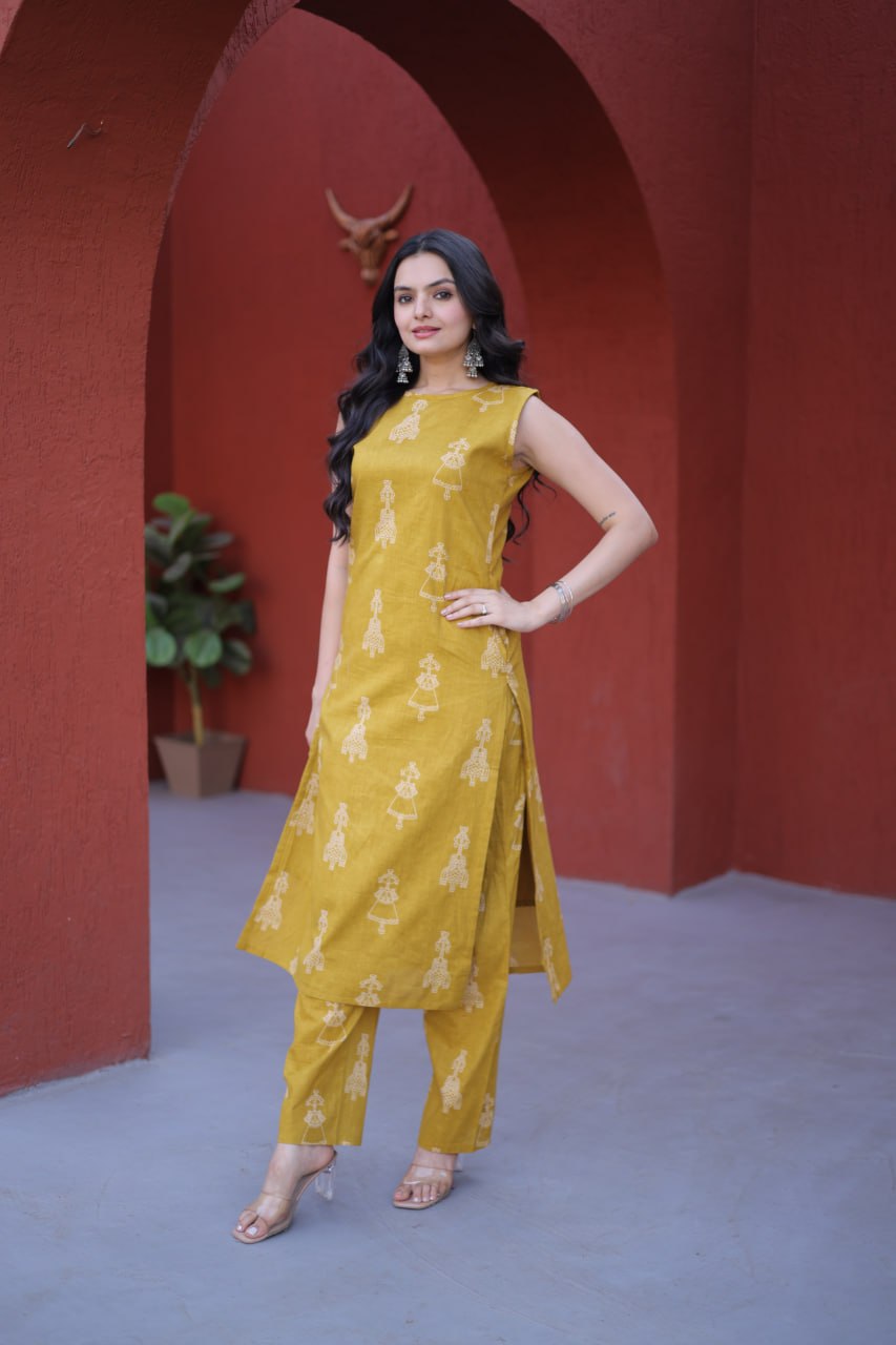 Women Mustard Printed Cotton Kurta Pant Set