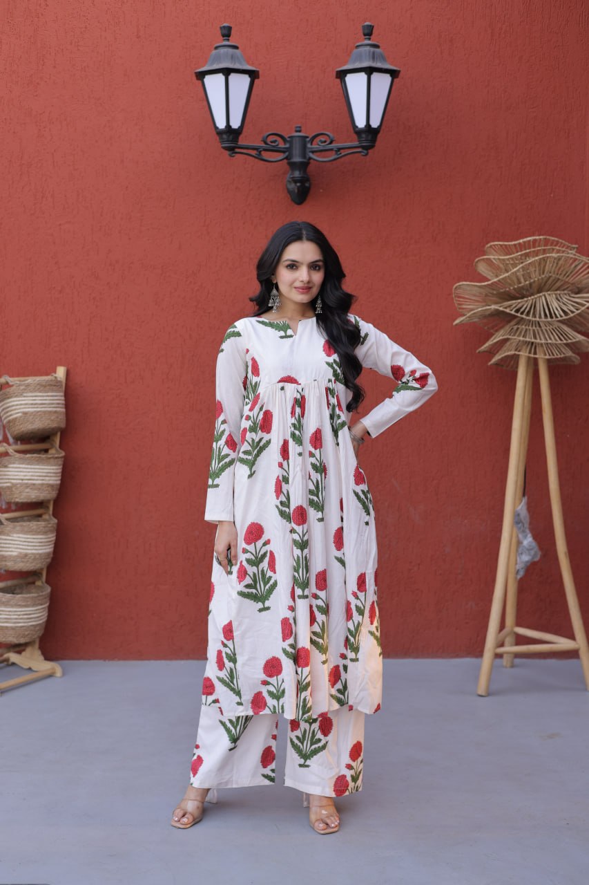Women White Red Floral Print Cotton Kurta Pant Set
