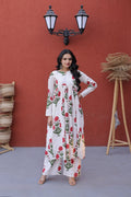 Women White Red Floral Print Cotton Kurta Pant Set