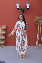 Women White Red Floral Print Cotton Kurta Pant Set