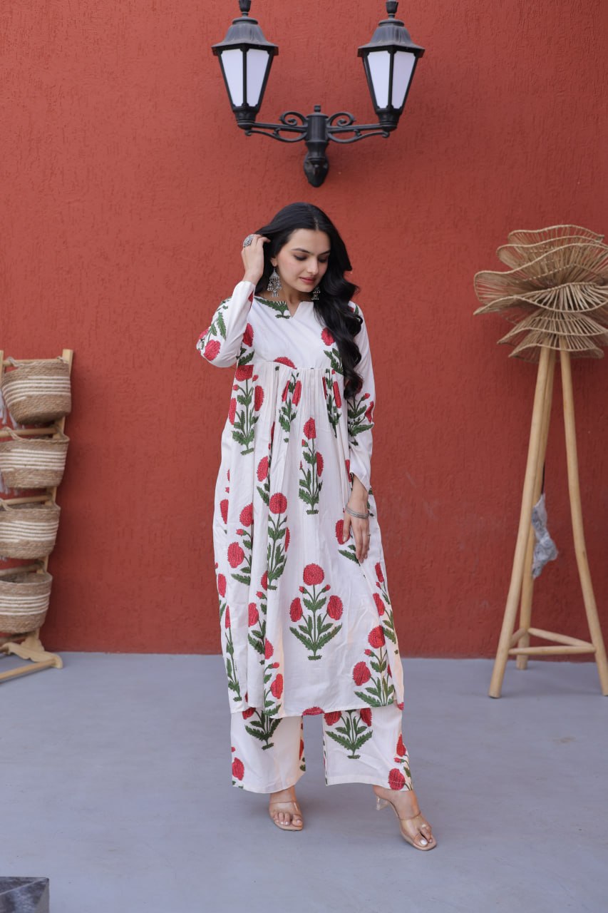 Women White Red Floral Print Cotton Kurta Pant Set