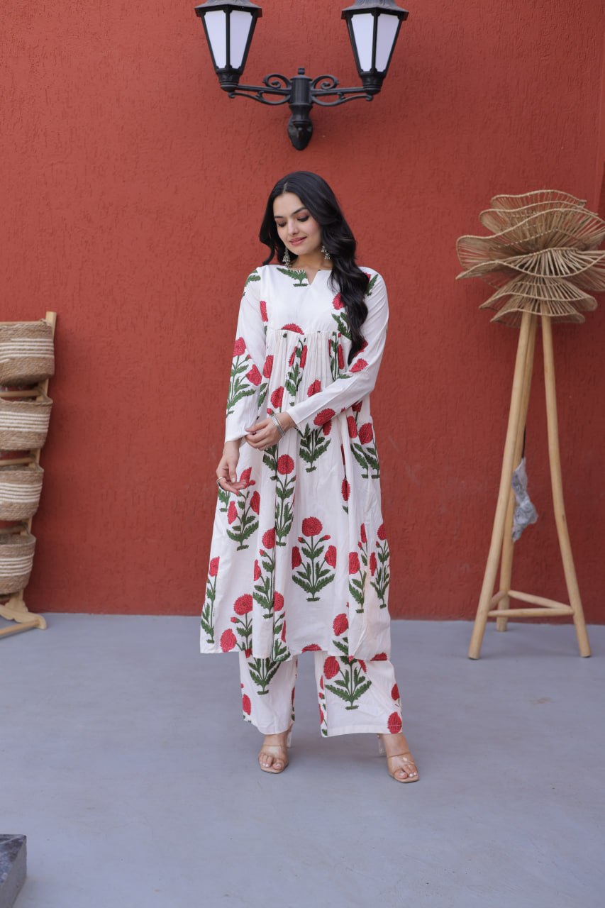 Women White Red Floral Print Cotton Kurta Pant Set
