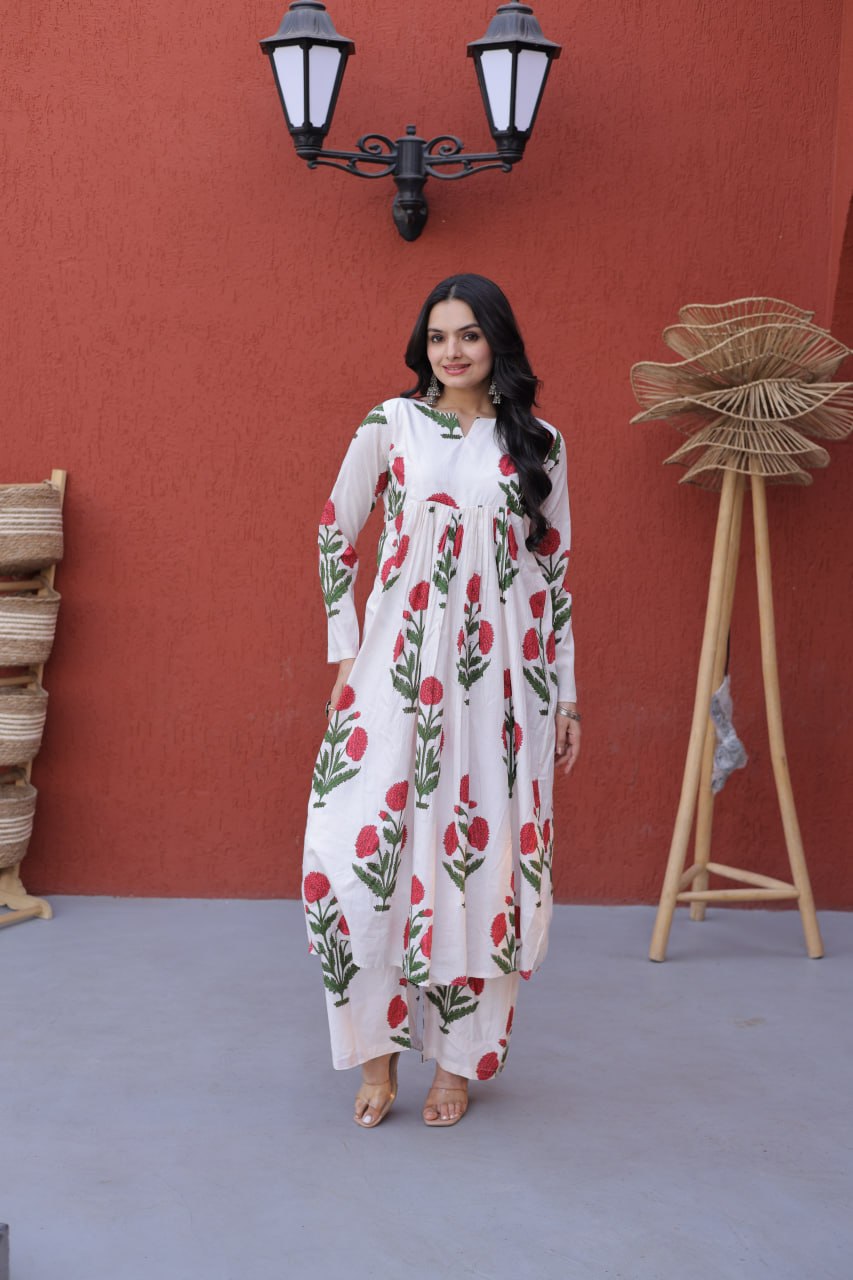 Women White Red Floral Print Cotton Kurta Pant Set
