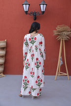 Women White Red Floral Print Cotton Kurta Pant Set