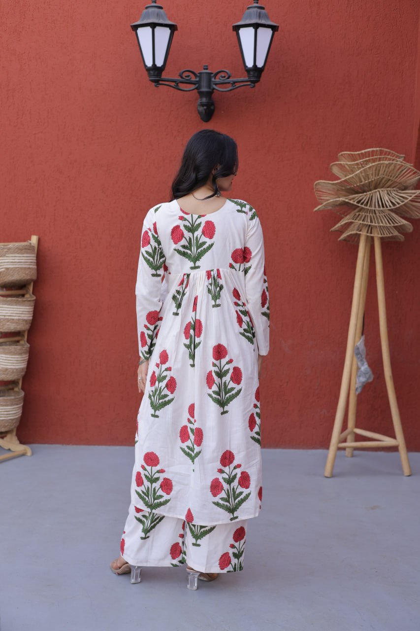 Women White Red Floral Print Cotton Kurta Pant Set