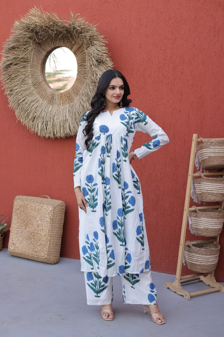 Women’s White Cotton Kurta Set with Handblock Floral Print