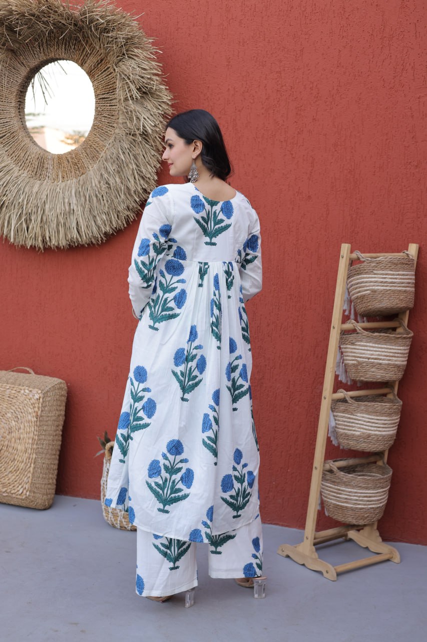Women’s White Cotton Kurta Set with Handblock Floral Print