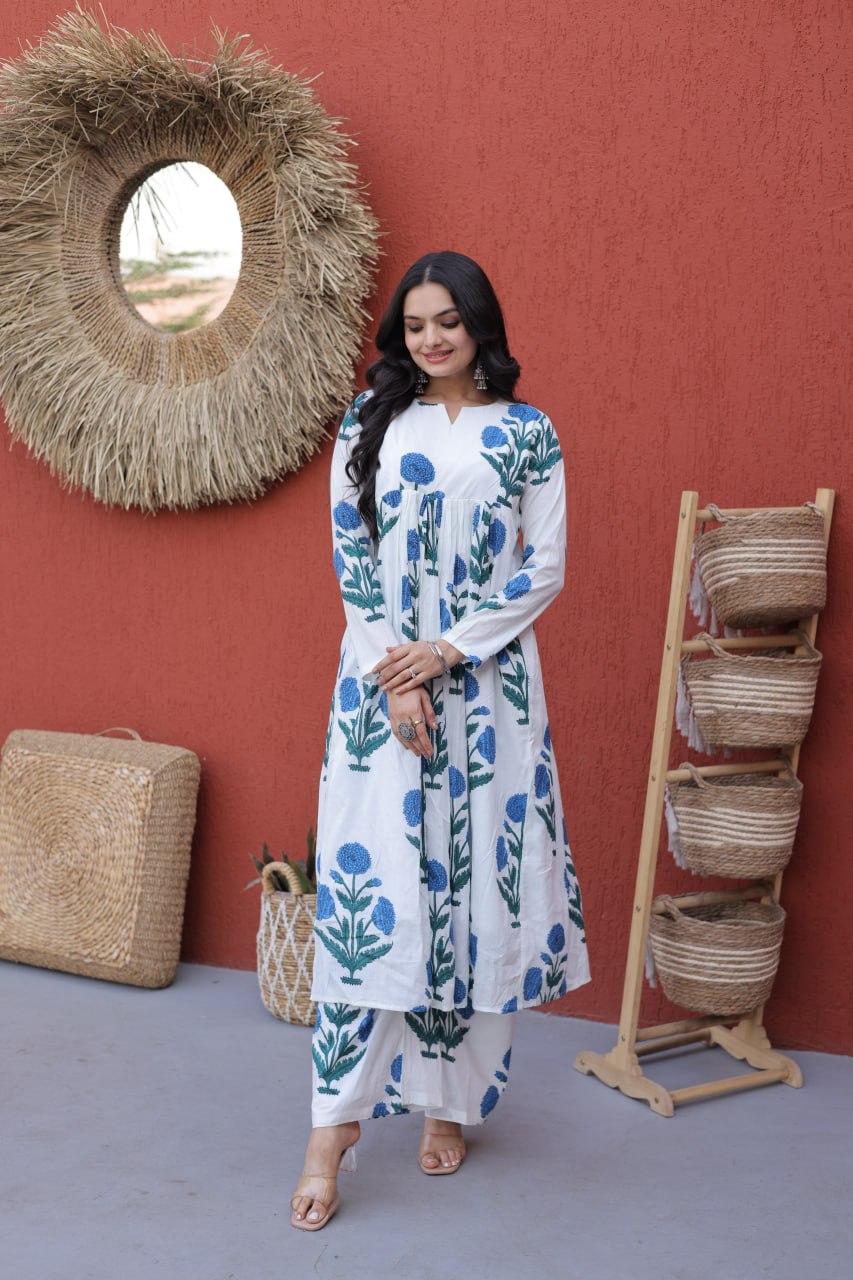 Women’s White Cotton Kurta Set with Handblock Floral Print