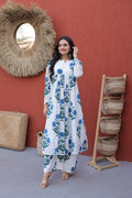 Women’s White Cotton Kurta Set with Handblock Floral Print
