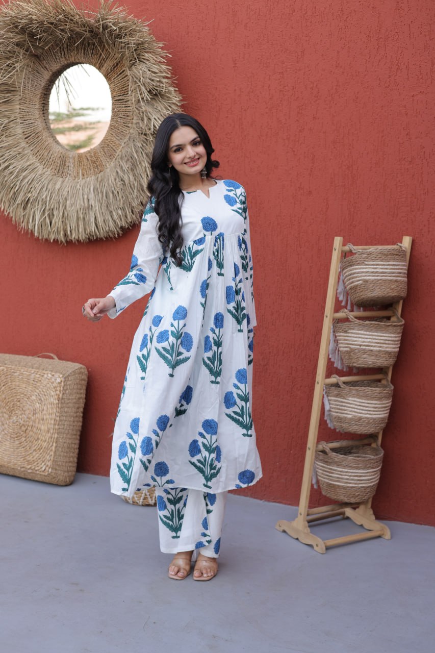 Women’s White Cotton Kurta Set with Handblock Floral Print
