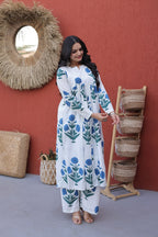 Women’s White Cotton Kurta Set with Handblock Floral Print