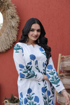 Women’s White Cotton Kurta Set with Handblock Floral Print