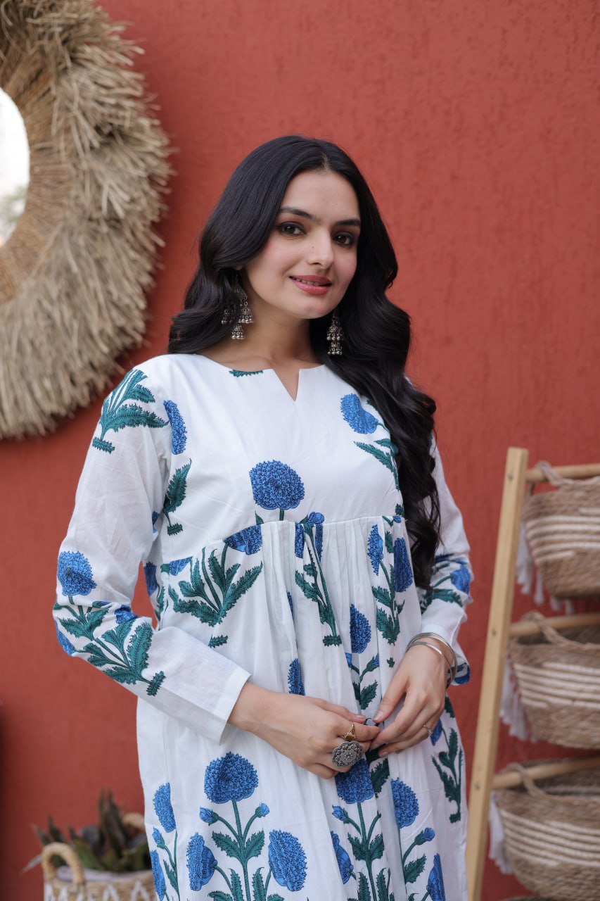 Women’s White Cotton Kurta Set with Handblock Floral Print