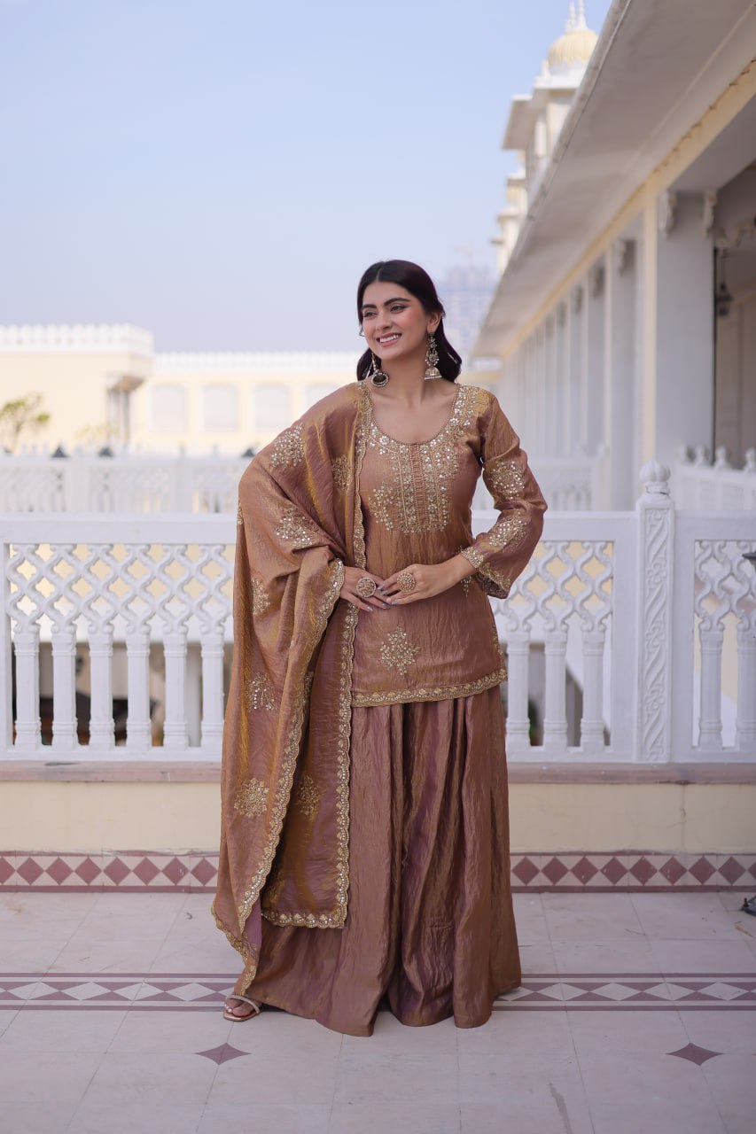 Majestic Gold Embroidered Sharara Set with Dupatta