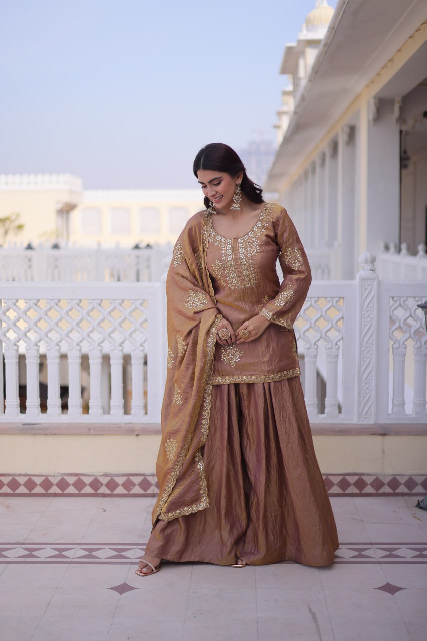Majestic Gold Embroidered Sharara Set with Dupatta