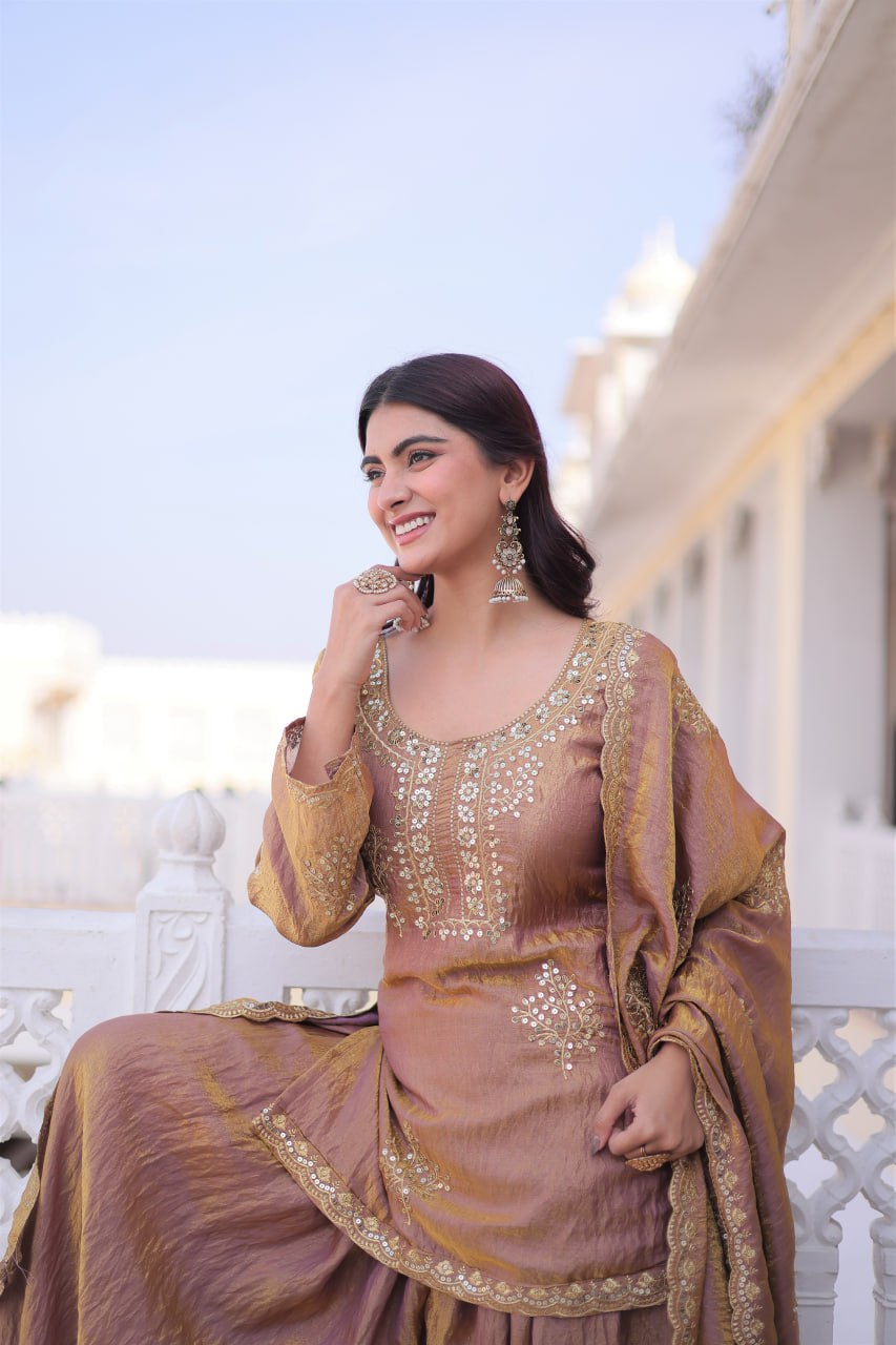 Majestic Gold Embroidered Sharara Set with Dupatta