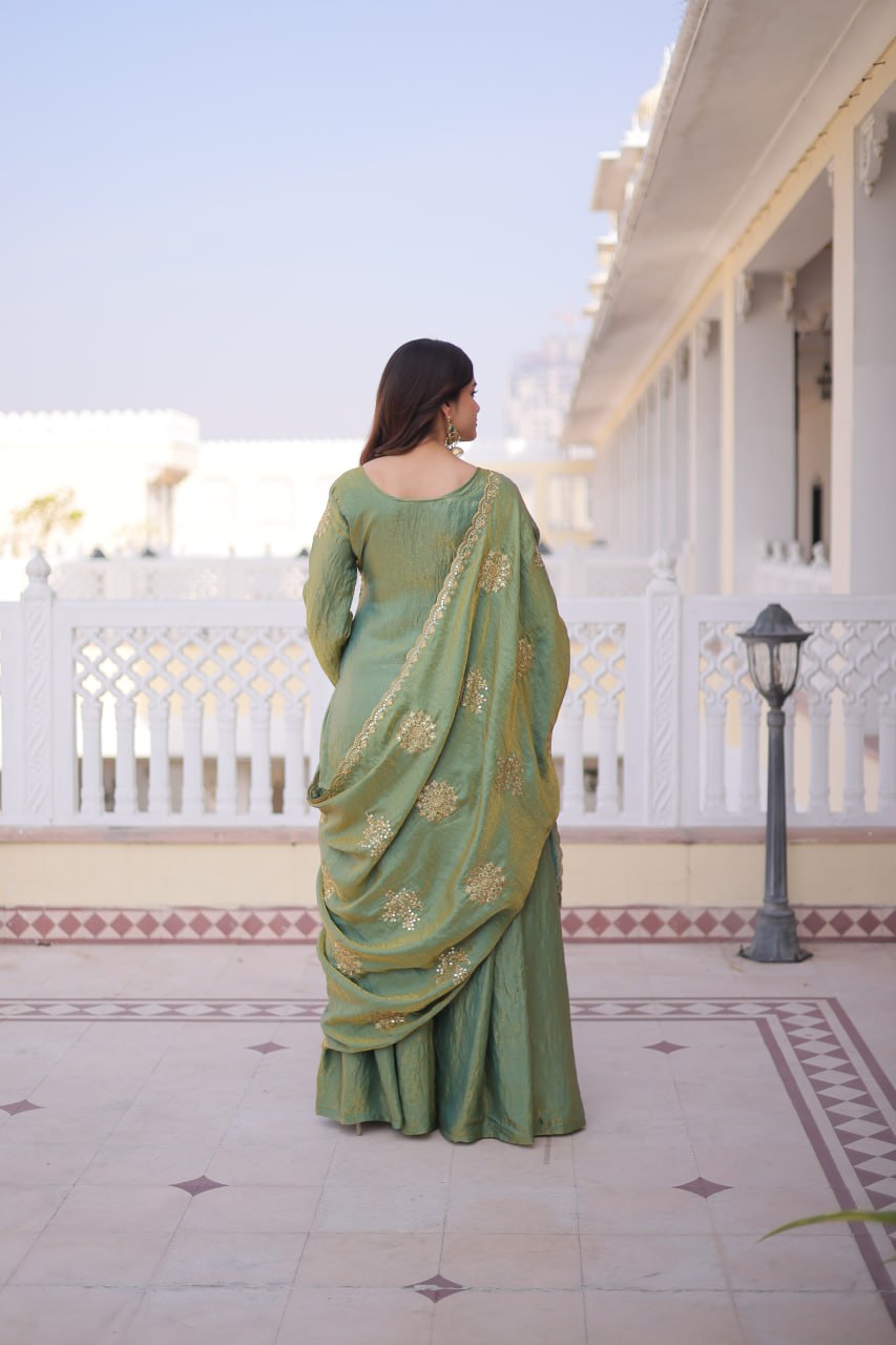 Elegant Sage Green Embroidered Sharara Set with Dupatta