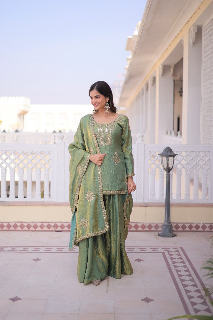 Elegant Sage Green Embroidered Sharara Set with Dupatta