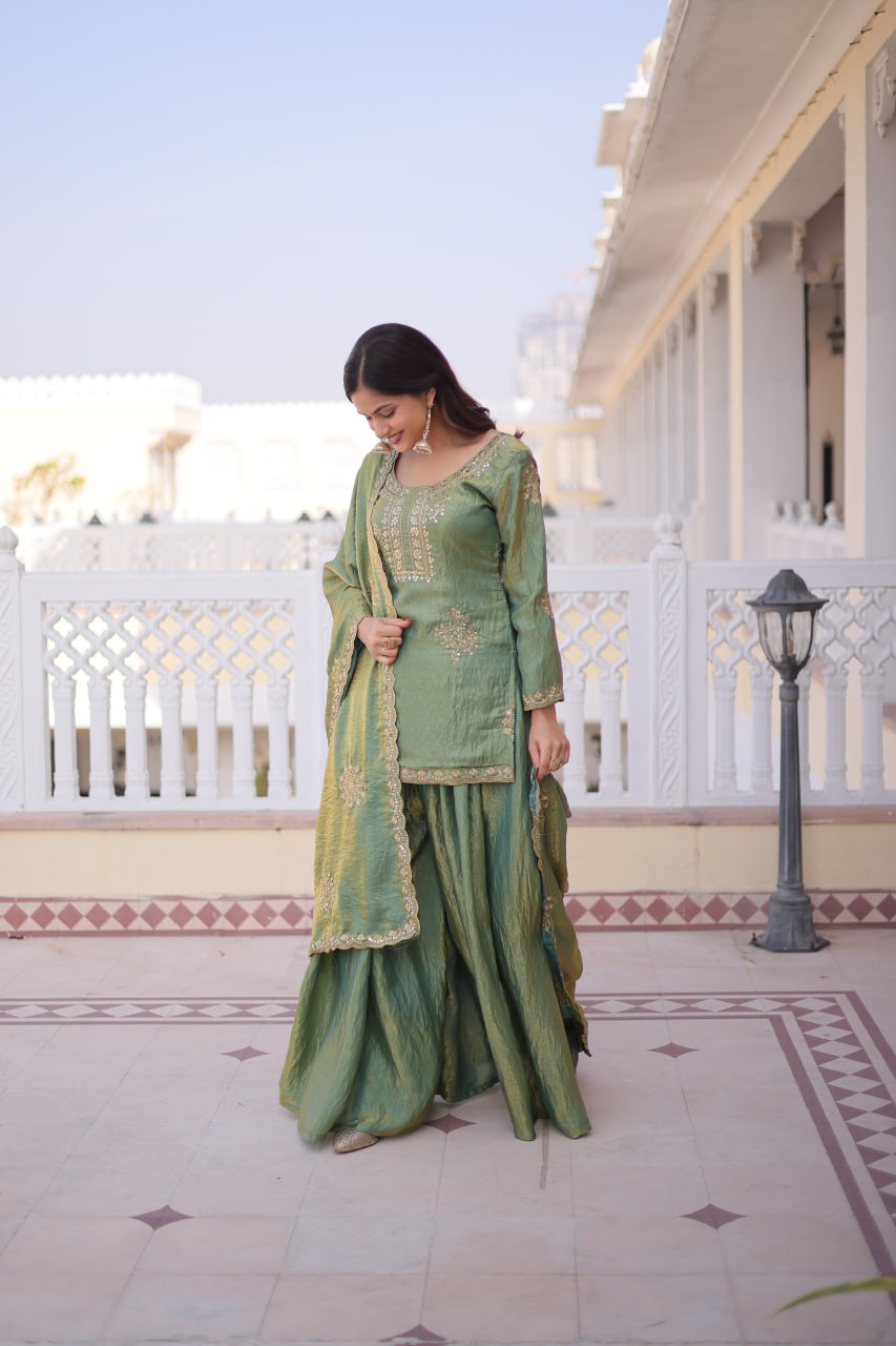 Elegant Sage Green Embroidered Sharara Set with Dupatta