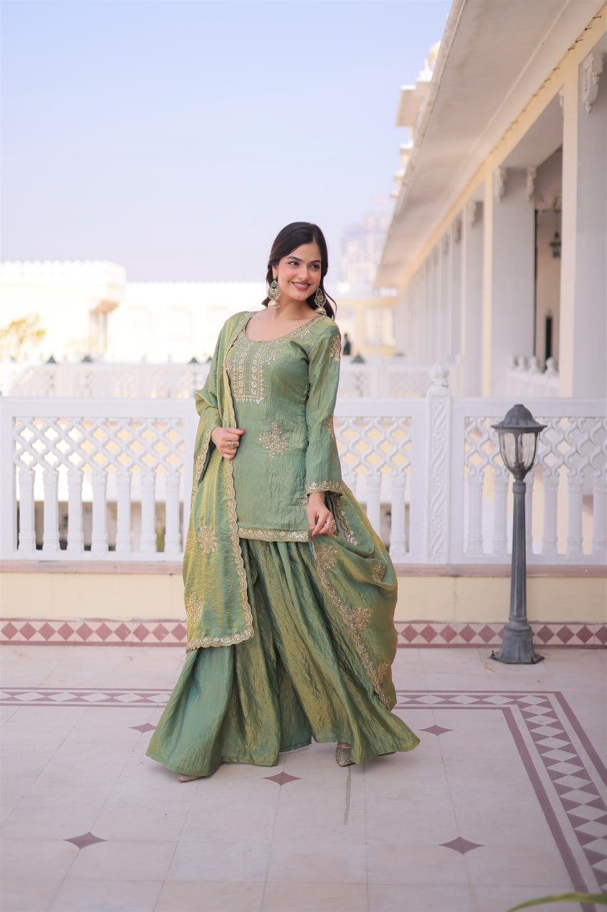 Elegant Sage Green Embroidered Sharara Set with Dupatta