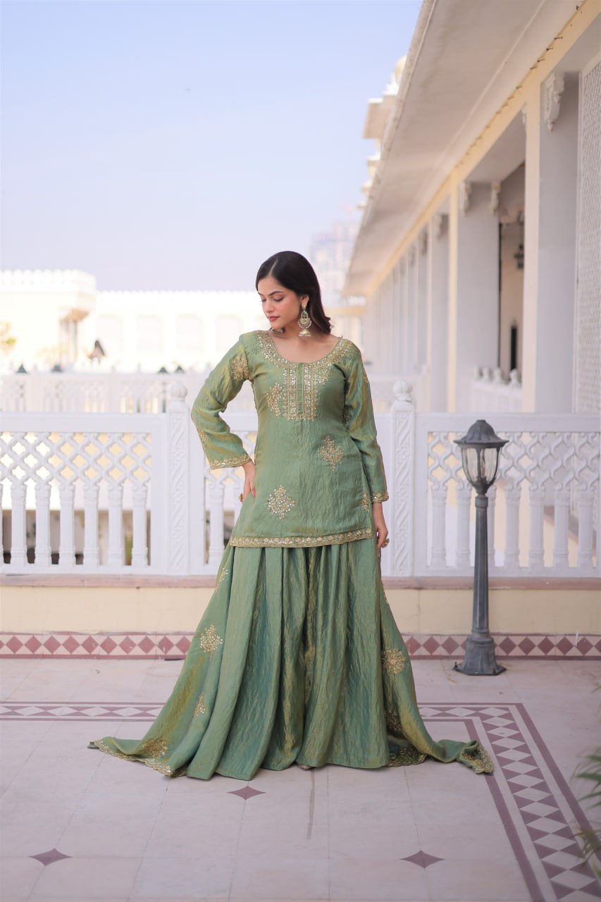 Elegant Sage Green Embroidered Sharara Set with Dupatta
