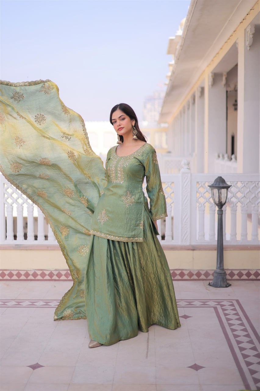Elegant Sage Green Embroidered Sharara Set with Dupatta