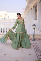 Elegant Sage Green Embroidered Sharara Set with Dupatta