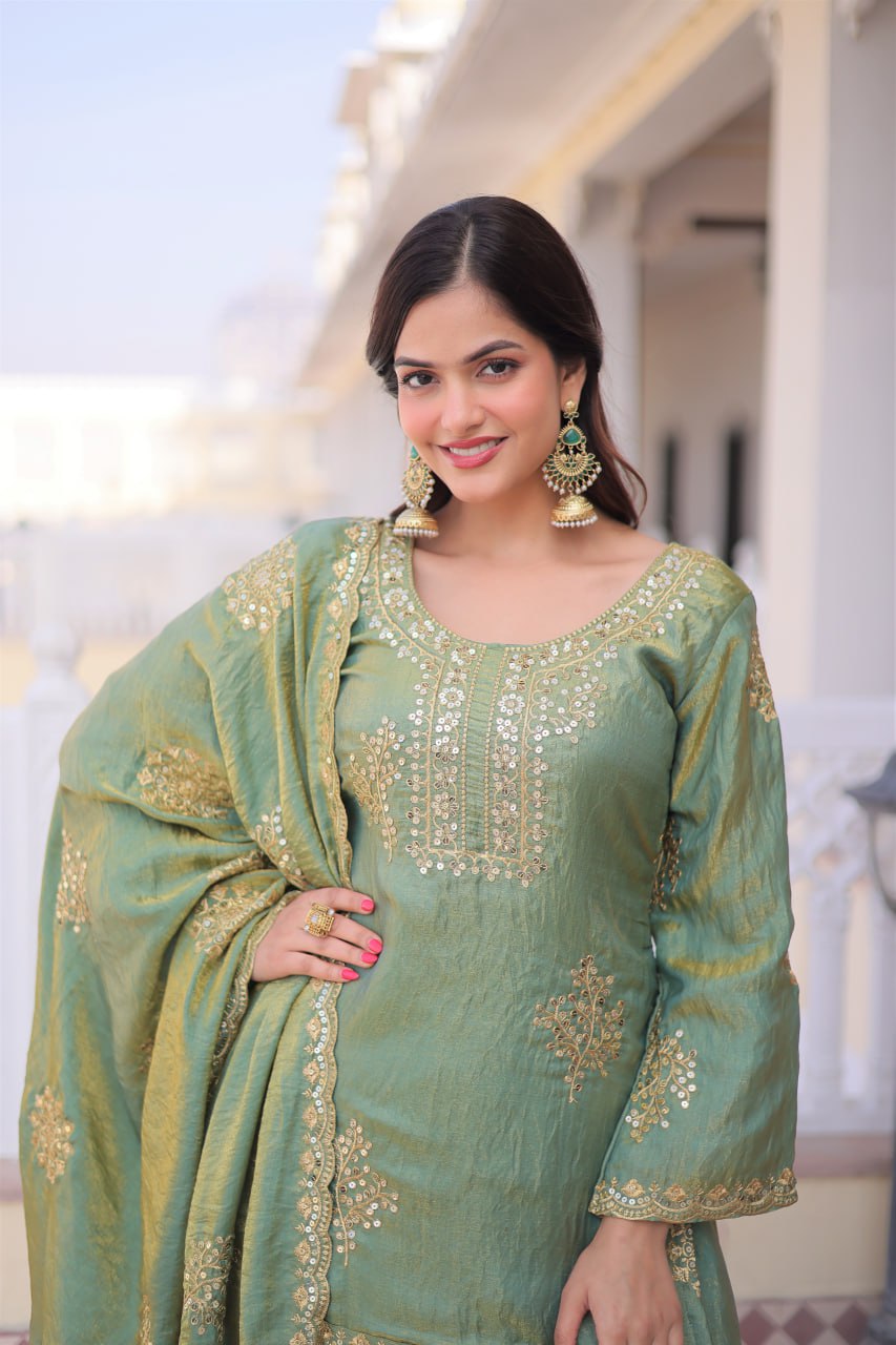 Elegant Sage Green Embroidered Sharara Set with Dupatta
