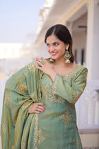 Elegant Sage Green Embroidered Sharara Set with Dupatta