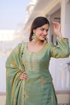 Elegant Sage Green Embroidered Sharara Set with Dupatta