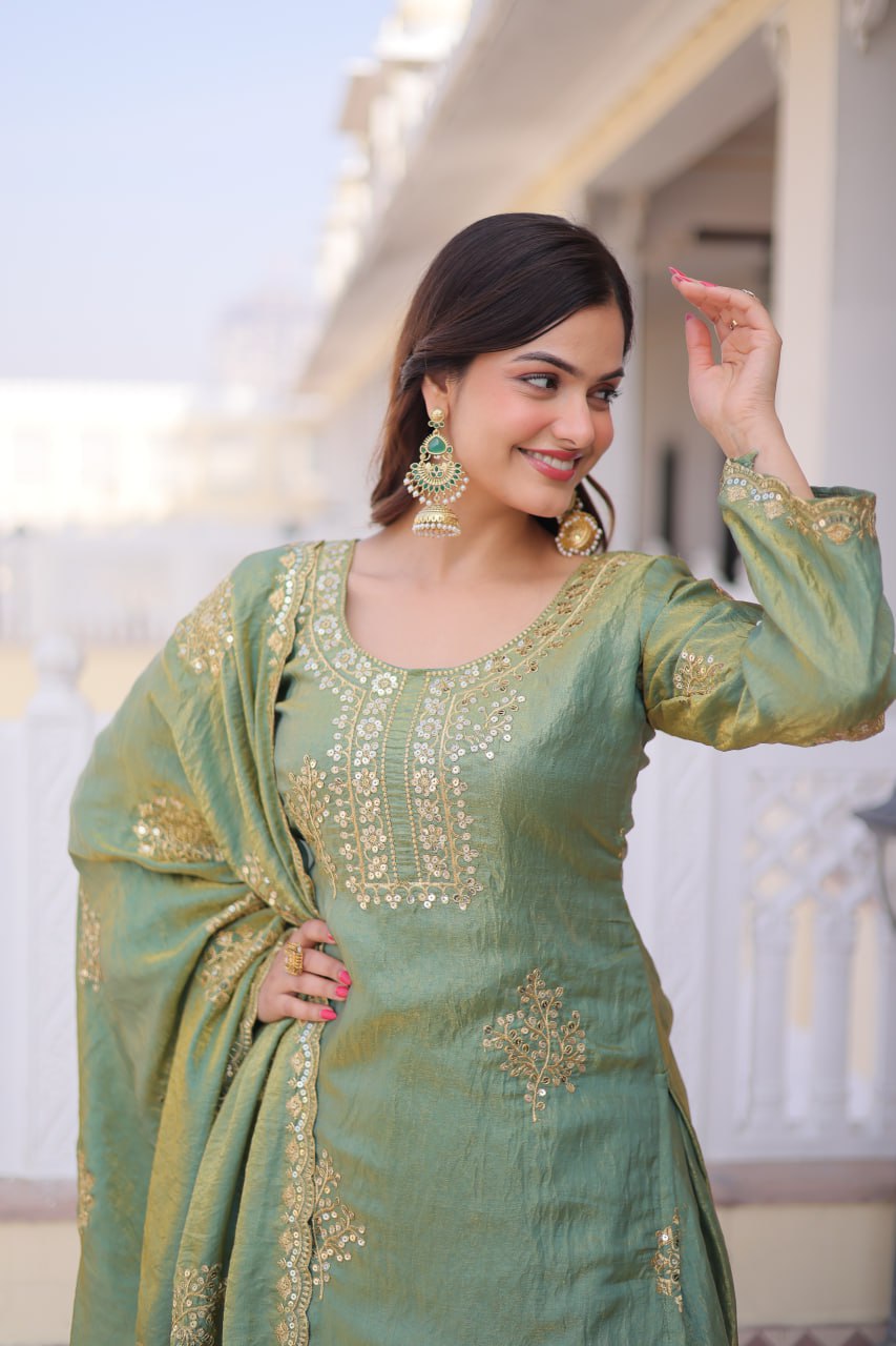 Elegant Sage Green Embroidered Sharara Set with Dupatta