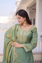 Elegant Sage Green Embroidered Sharara Set with Dupatta