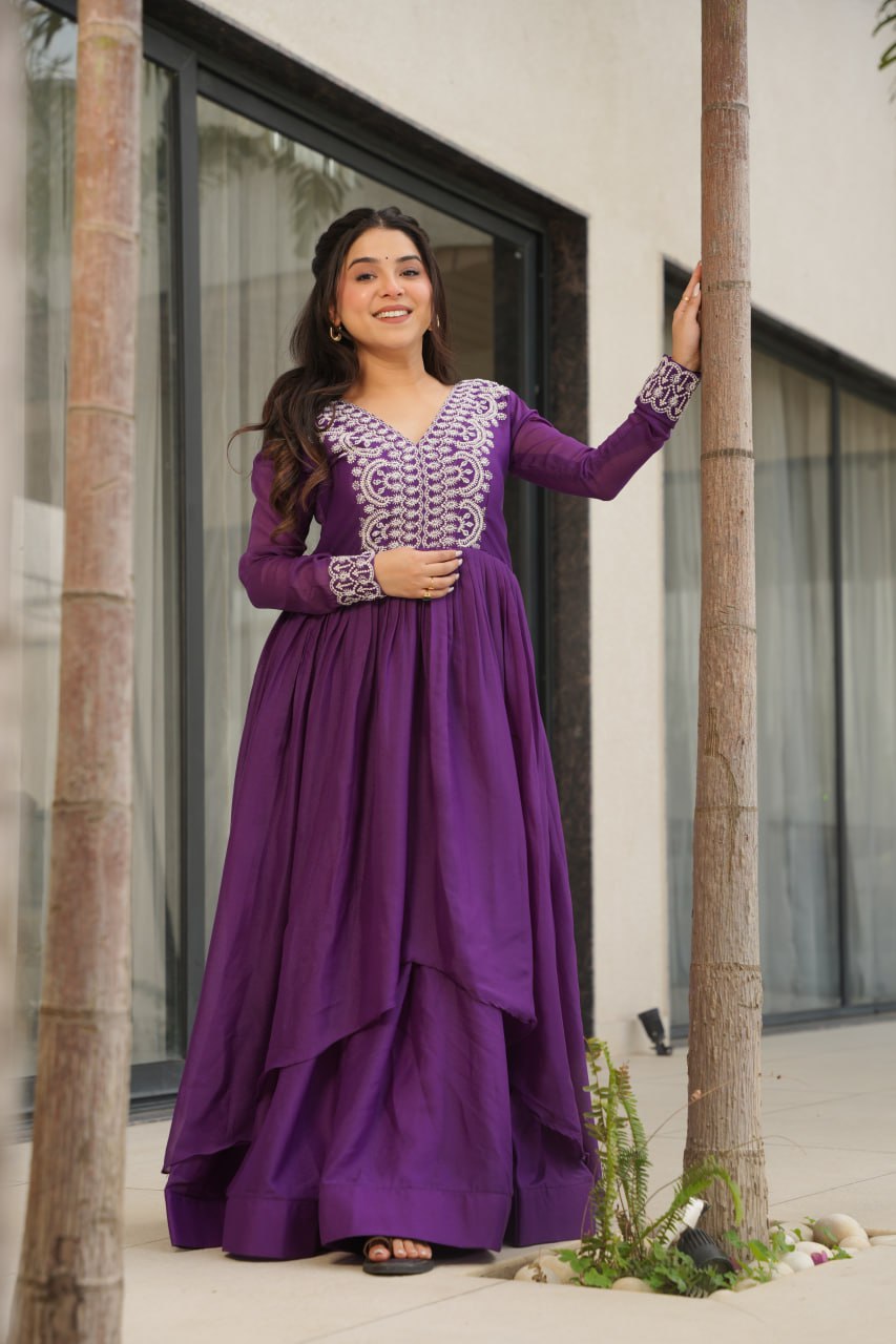 Women’s Purple Embroidered Anarkali Gown