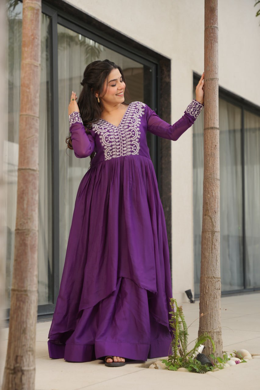 Women’s Purple Embroidered Anarkali Gown