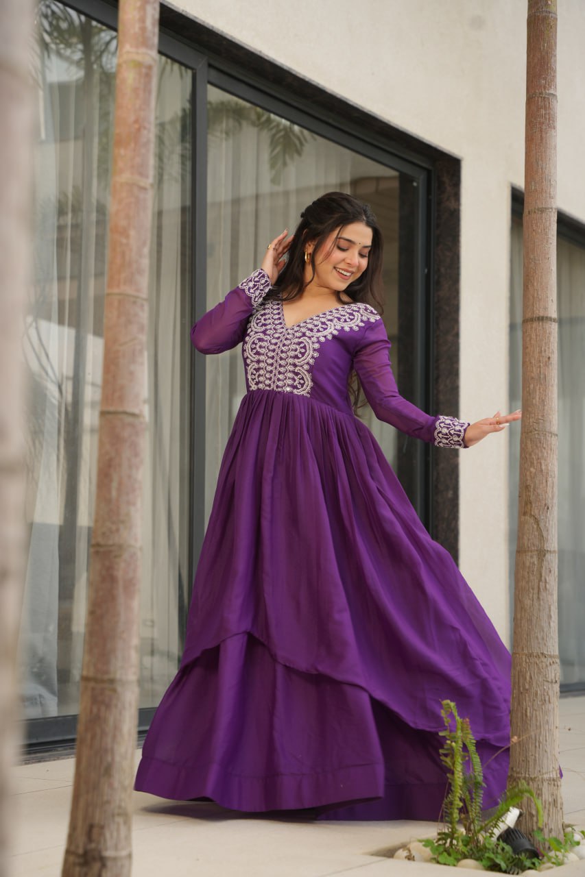 Women’s Purple Embroidered Anarkali Gown