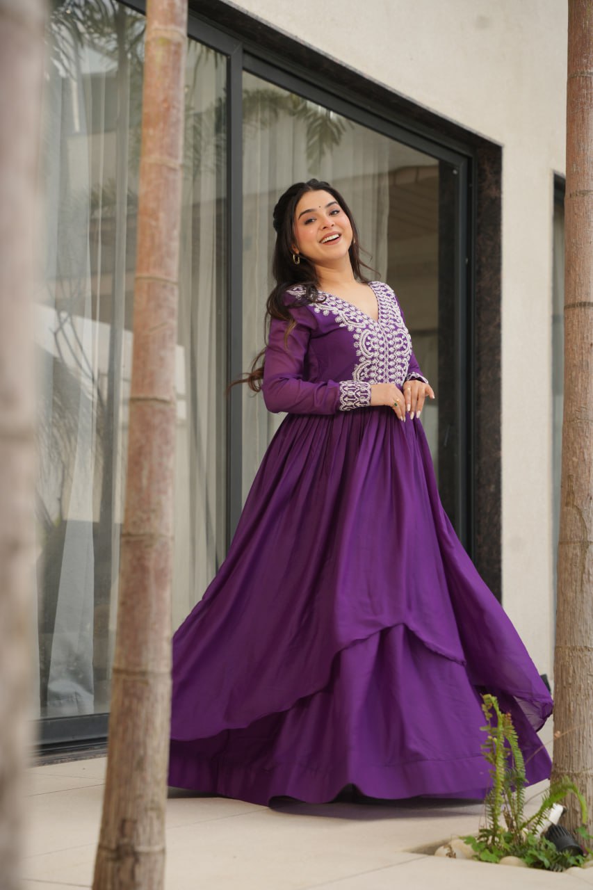 Women’s Purple Embroidered Anarkali Gown