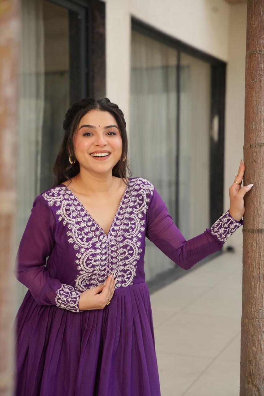 Women’s Purple Embroidered Anarkali Gown