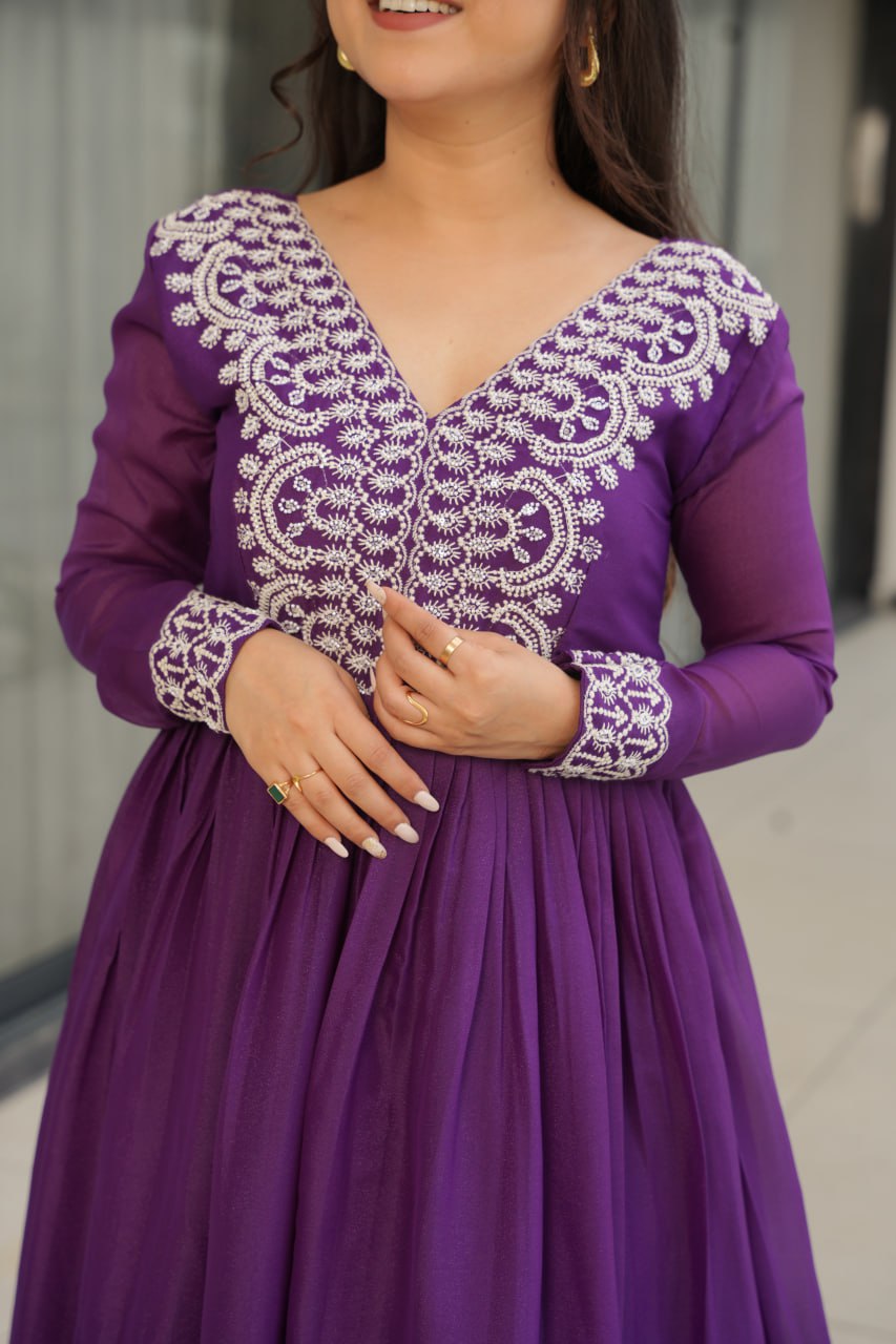 Women’s Purple Embroidered Anarkali Gown