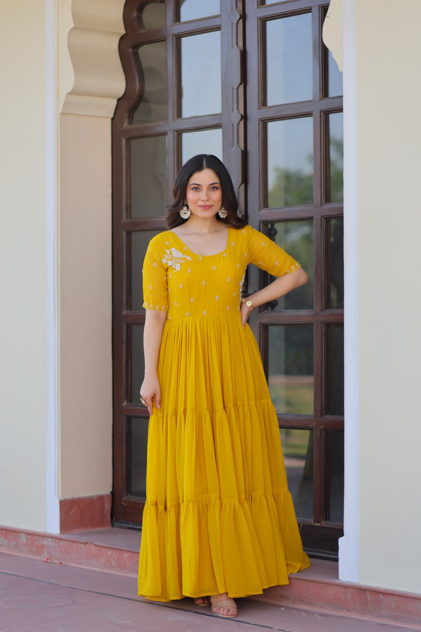 Elegant Mustard Yellow Flared Anarkali Gown
