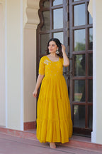 Elegant Mustard Yellow Flared Anarkali Gown