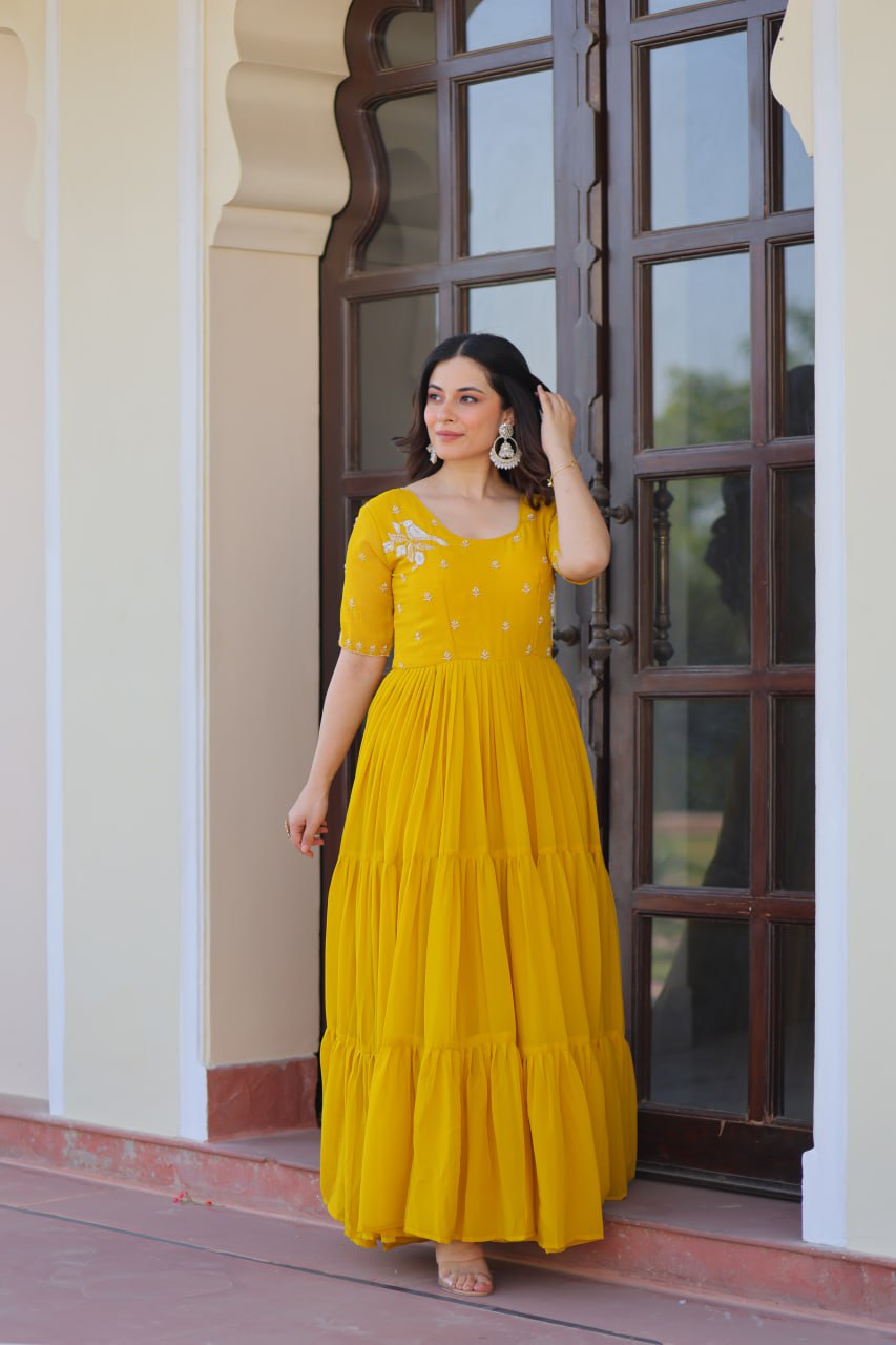 Elegant Mustard Yellow Flared Anarkali Gown
