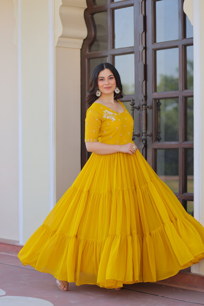 Elegant Mustard Yellow Flared Anarkali Gown