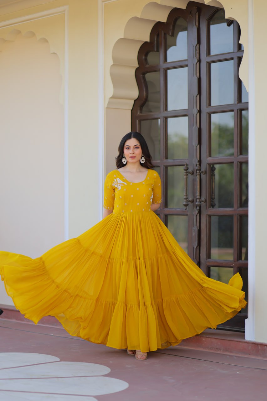 Elegant Mustard Yellow Flared Anarkali Gown