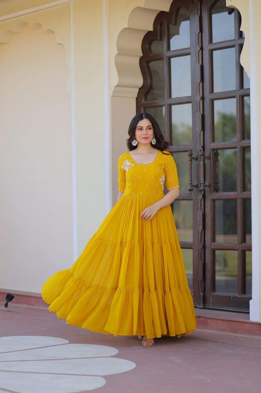 Elegant Mustard Yellow Flared Anarkali Gown