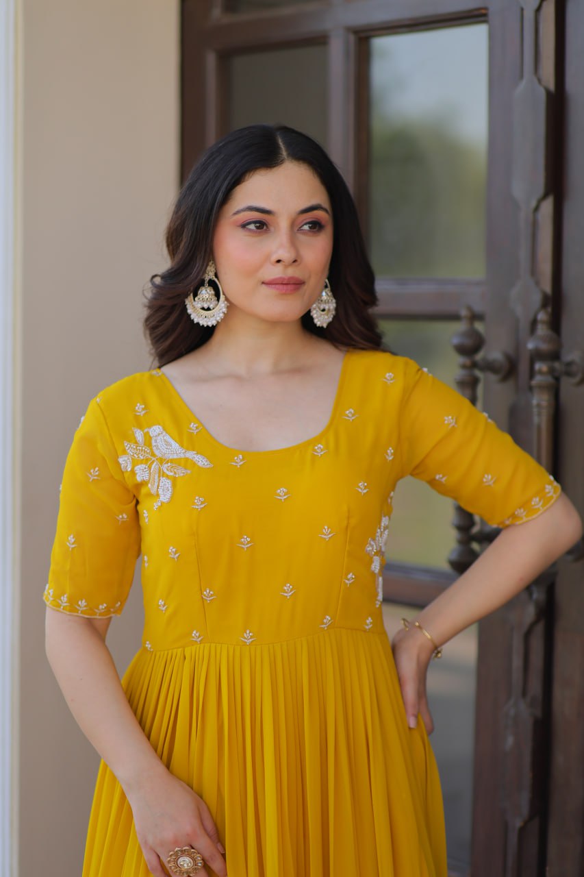 Elegant Mustard Yellow Flared Anarkali Gown